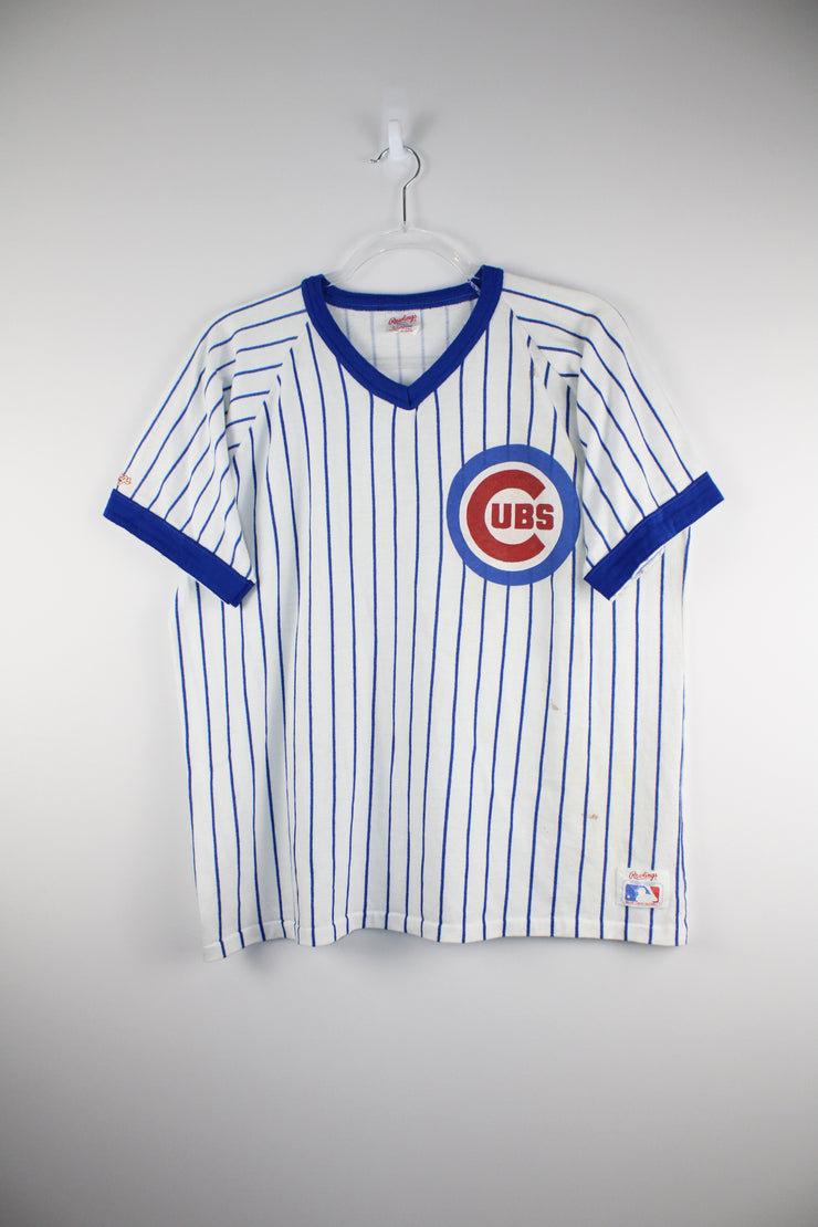 MLB Vintage Cubs Baseball Blue Stripe White T-Shirt (XL)