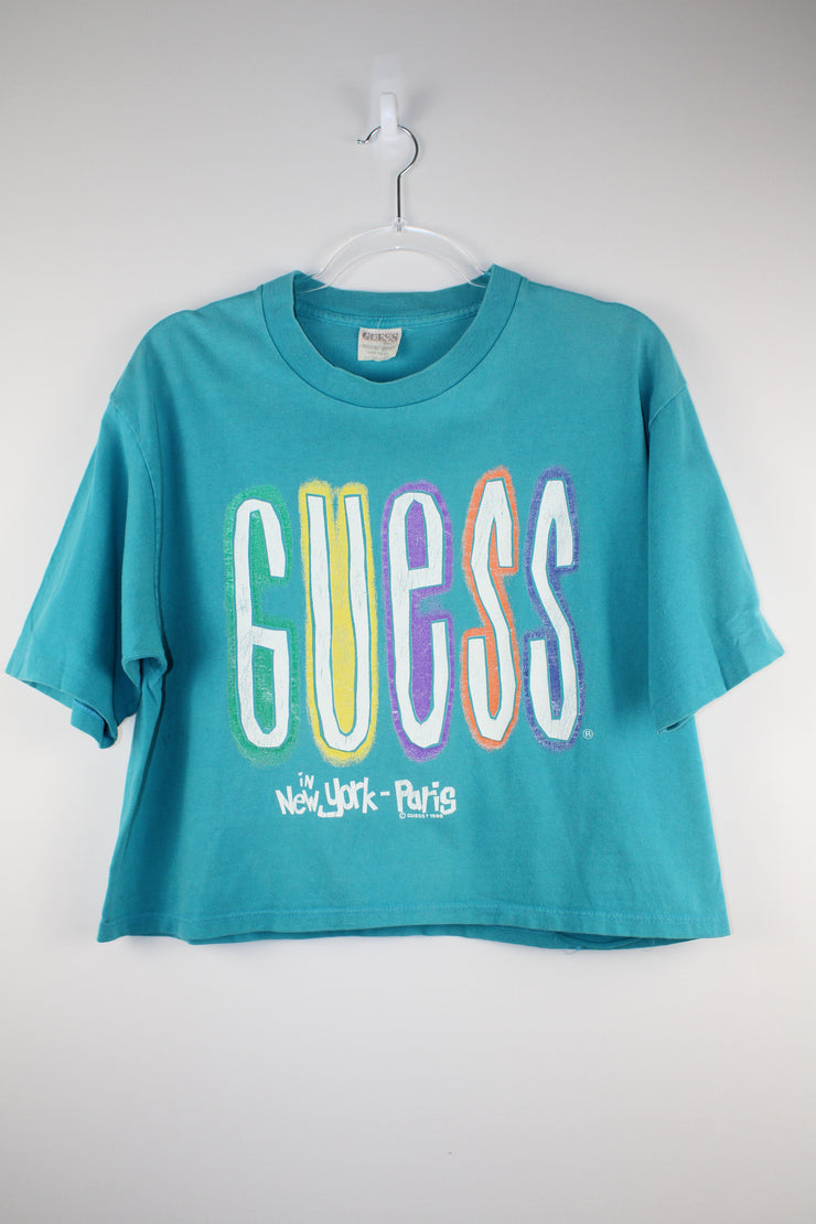 Womens New York-Paris Guess Vintage Crop Turquoise T-Shirt (L)